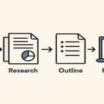 A flat-style digital infographic showing four icons light bulb, research documents, outlined bullet list, and a laptop with a published post connected by arrows to represent the article drafting workflow.