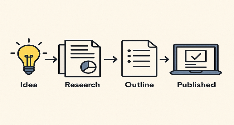 A flat-style digital infographic showing four icons light bulb, research documents, outlined bullet list, and a laptop with a published post connected by arrows to represent the article drafting workflow.