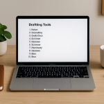 A clean and minimalist writer’s workspace featuring a MacBook displaying a list of ten drafting tools, accompanied by a coffee mug, a leather notebook, a pen, and a small potted plant on a light wooden desk, bathed in soft natural light.