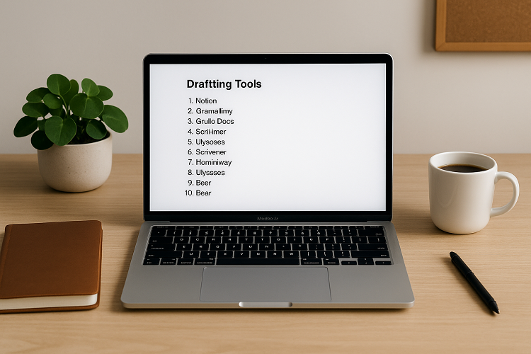 A clean and minimalist writer’s workspace featuring a MacBook displaying a list of ten drafting tools, accompanied by a coffee mug, a leather notebook, a pen, and a small potted plant on a light wooden desk, bathed in soft natural light.
