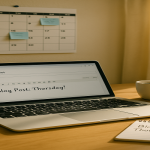 A sunlit home office with a blogging workspace including a calendar, sticky notes, and an open laptop showing a blog editor.