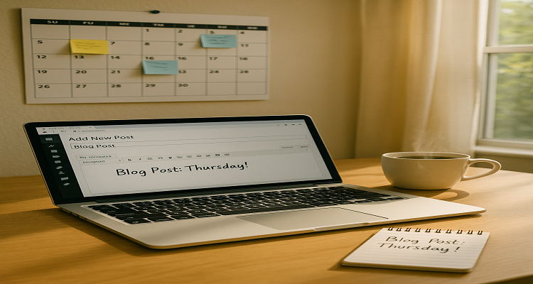 A sunlit home office with a blogging workspace including a calendar, sticky notes, and an open laptop showing a blog editor.