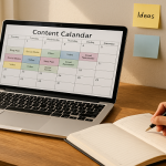A photorealistic image of a modern workspace with a laptop open to a content calendar, colorful sticky notes on the wall, a cup of coffee, and a person writing in a planner, in natural morning light.