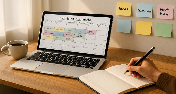 A photorealistic image of a modern workspace with a laptop open to a content calendar, colorful sticky notes on the wall, a cup of coffee, and a person writing in a planner, in natural morning light.