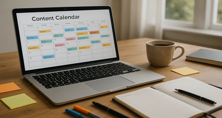 A modern blogging workspace featuring a laptop displaying a content calendar, a coffee mug, and scattered stationery under soft daylight.