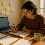 A focused student writing at a cozy desk filled with notes, books, and a laptop, sunlight illuminating the workspace.