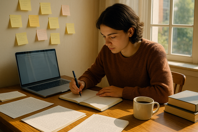 A focused student writing at a cozy desk filled with notes, books, and a laptop, sunlight illuminating the workspace.