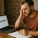 A young man in a burnt orange T-shirt sits at a wooden desk, looking frustrated as he stares at a laptop screen displaying the words “Writer’s Block.” He holds a pen over an open notebook, with a mug nearby, a rustic brick wall behind him, and a potted plant in soft natural light.