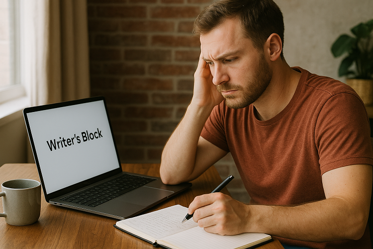 A young man in a burnt orange T-shirt sits at a wooden desk, looking frustrated as he stares at a laptop screen displaying the words “Writer’s Block.” He holds a pen over an open notebook, with a mug nearby, a rustic brick wall behind him, and a potted plant in soft natural light.