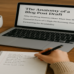 A cozy workspace featuring a silver laptop on a wooden table displaying a blog draft titled "The Anatomy of a Blog Post Draft," with subheadings visible on the screen. A person in a beige sweater is writing notes in a spiral notebook with a black pen, and a ceramic coffee mug sits nearby, all bathed in soft natural lighting.
