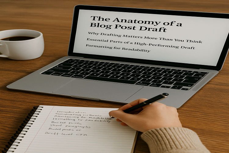 A cozy workspace featuring a silver laptop on a wooden table displaying a blog draft titled "The Anatomy of a Blog Post Draft," with subheadings visible on the screen. A person in a beige sweater is writing notes in a spiral notebook with a black pen, and a ceramic coffee mug sits nearby, all bathed in soft natural lighting.